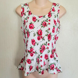 Toura White Floral Peplum Sleeveless Blouse Top Back Cutouts Size Women's Small